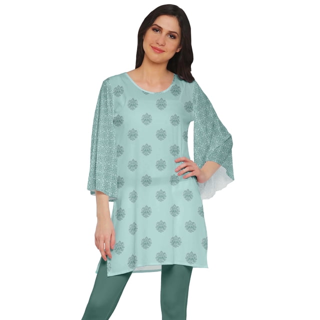 Moomaya Kurtis Courtes en Poly-Crêpe pour Femmes, Robe à Manches Kimono Imprimée, Haut Indien