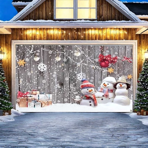 Large Merry Christmas Garage Door Cover Holiday Garage Door Mural with Snowflakes Ornaments Red Balls Polyester Christmas Decoration Banner for Outdoor Home Wall Party School Church Business