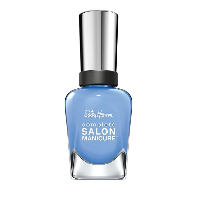 Sally Hansen Complete Salon Manicure Nail Polish in blue with a clear glass bottle and silver cap, featuring a keratin complex for stronger nails, chip resistance, and a precision brush for salon-quality application and durable finish, also suitable for creative nail art designs.