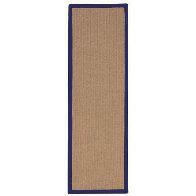 Athena Cork & Blue 2'6" x 12' Runner with a natural cork-coloured wool tufted surface and blue cotton hand-finished binding with mitered corners, designed for durability in hallways and long bathrooms, also suitable as a layering piece to add warmth and define spaces.