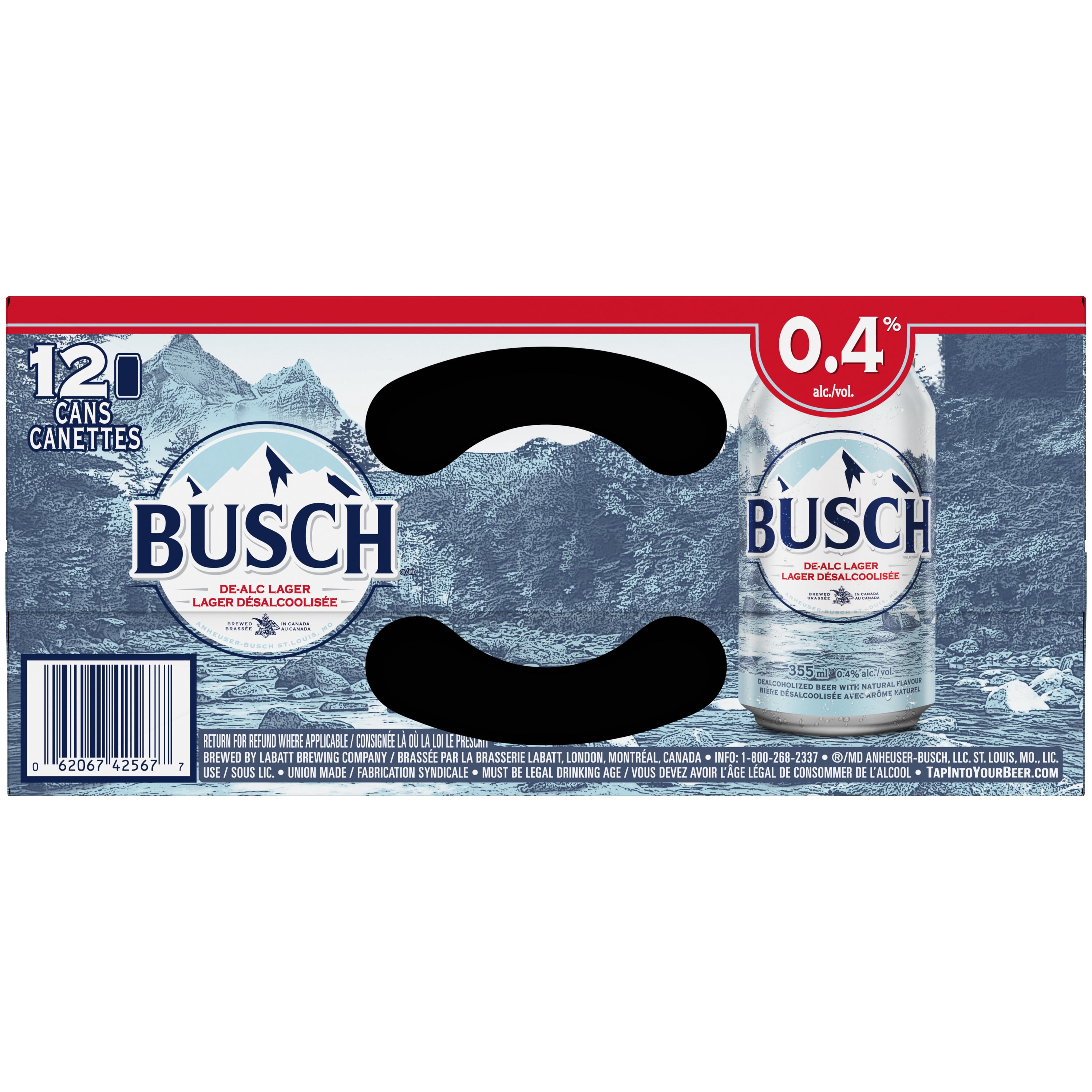 Busch De-alcoholized Beer, 355mL Cans, Smooth Taste, 0.4% Alcoholic Beer