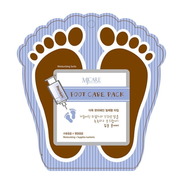 Mijin Premium Foot Care Pack with moisturizing socks shaped as brown footprints on a blue and white striped background, featuring a central label with MJ Care logo, 'Foot Care Pack' text, and a syringe icon labeled 'Premium', designed to moisturize and supply nutrients to rough, tired feet, suitable for foot cream and foot moisturizing care.
