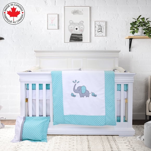 Bebelelo Ensemble de Literie pour Bébé 7 Pcs - Ensemble de Lit de Bébé Incluant Jupe, Couette, Housse de Couette, Drap-Housse, et Plus pour Enfants, Garçons, Filles (Motif à Petits Pois avec Éléphant Brodé)