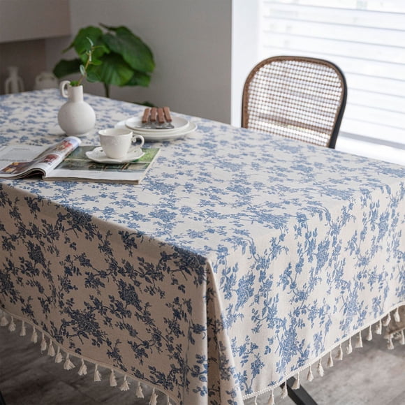 Nappe à Franges en Coton et Lin à Roses Bleues Vintage, Décoration de Mariage, Nappe en Tissu Anti-Saleté 78,7 X 55,1 Po pour Cuisine, Pique-Nique, Banquet