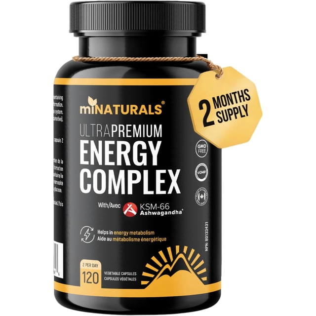 Ultra Premium Energy Complex with KSM‑66® by miNATURALS, a full-spectrum multivitamin and adaptogen supplement in a black bottle with yellow accents. Contains 120 vegan capsules designed to fight stress, boost energy, and enhance vitality. Features clinically proven KSM-66 Ashwagandha, B-vitamins, and magnesium for natural energy support without caffeine dependency. The label highlights benefits such as energy metabolism support and a 2-month supply. Made in Canada in a GMP-certified facility.