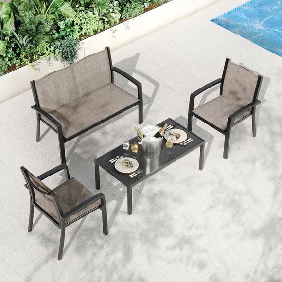 HELLONE 4-Piece Patio Furniture Set, Outdoor Conversation Set with Loveseat, 2 Textilene Chairs & Rectangular Table, Weather-Resistant Steel Frame for Balcony Porch Garden