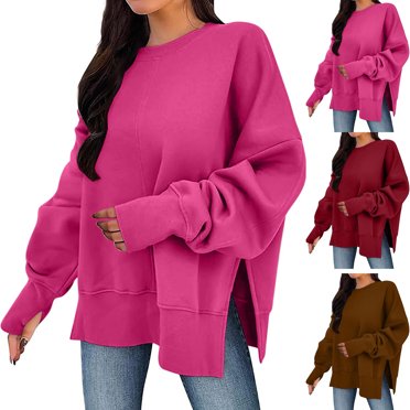 Yuyuzo Chandails Molletonnés pour Femmes Col Rond Manches Longues Léger Fendu Chandail d'Automne et d'Hiver à Enfiler Hauts Taille Rose Vif TG