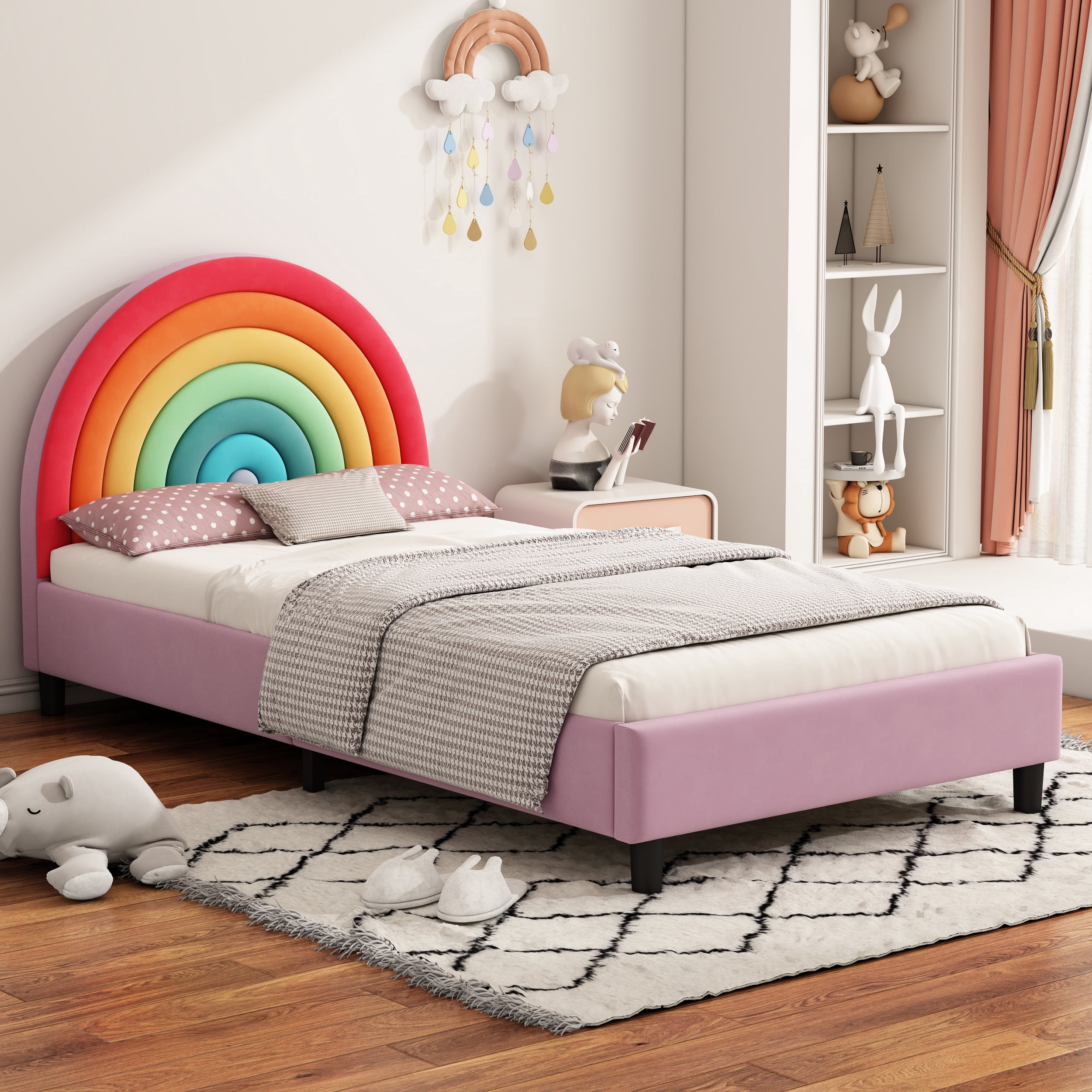 Lit plateforme double capitonné Noble House, motif basketball, style sport, orange, pour garçons, filles et adolescents