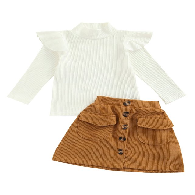 Baby Girls Skirt Set Turtle Neck Tops High Waist Buttoned Skirt with Pockets