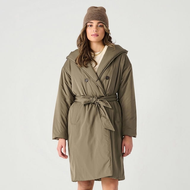 Devoted hooded puffer trench coat with a belt