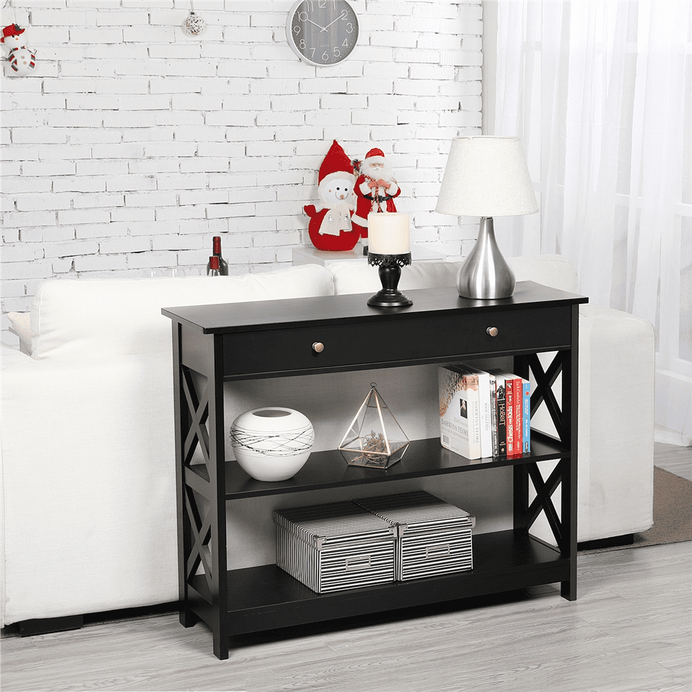 FullFurnique Wooden Console Table with 1 Drawer and 2 Open Shelves, Black
