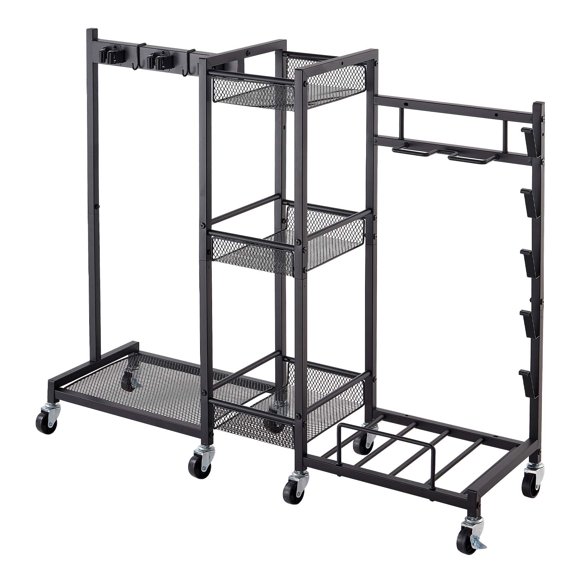 KFFKFF Broom Holder with Cleaning Supplies Organizer, Metal Garage Storage, Cleaning Cart with Mop Hanger,for Home Broom, Detergent, Vacuum Cleaner,Heavy-Duty Steel Utility Holder, with Wheels,Black