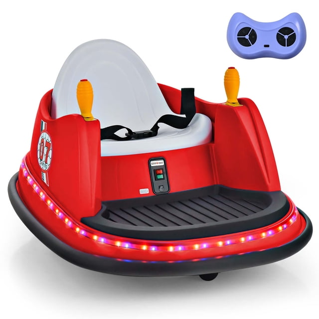 Costway 12V Vehicle 360° Spin Race Toy Kids Ride On Bumper Car with Remote Control in red. Features a wide seat with adjustable safety belt, dual joysticks for self-steering, and a 2.4G parental remote control for added safety. Includes colorful flashing lights, built-in music, and a soft bumper for protection. Suitable for children aged 2-5 years, with a maximum weight capacity of 44 lbs. Designed for smooth rides on various surfaces like wood, asphalt, and cement. Comes with a 12V battery, charger, and stickers for customization.