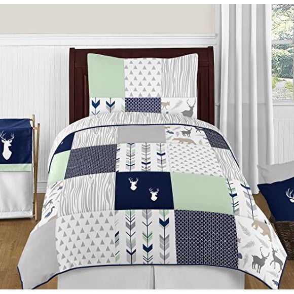 Sweet Jojo Designs 4-Piece Navy Blue, Mint and Grey Woodsy Deer Boys Kids Childrens Twin Bedding Set