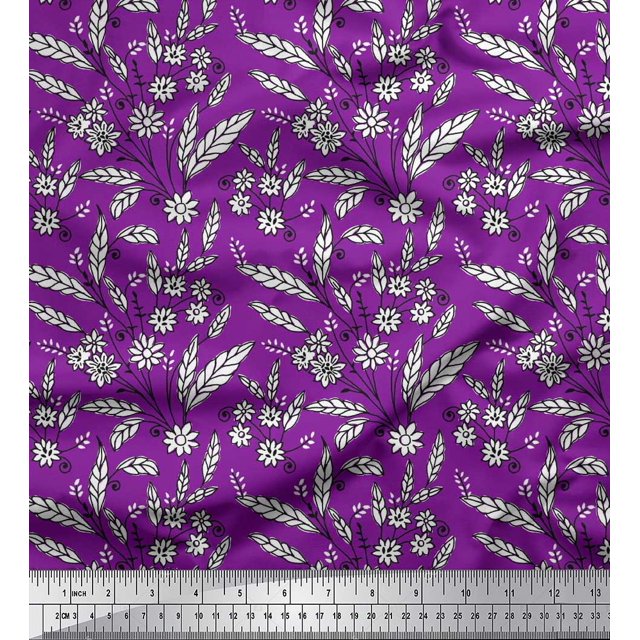 Soimoi Polyester Crepe Fabric Leaves & Floral Block Decor Fabric Printed Yard 42 Inch Wide