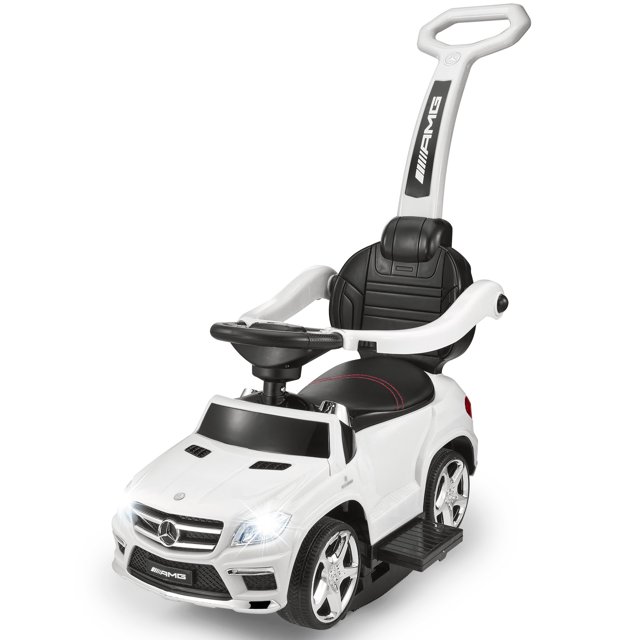 VOLTZ TOYS Push Car for Kids, Mercedes-Benz AMG GL63 4-in-1 Push Car, Foot to Floor Pedal Car with Detachable Push Bar, Leather Seat, Foot Rest, LED Lighting, MP3 and Foldable Rocking Rails (White)