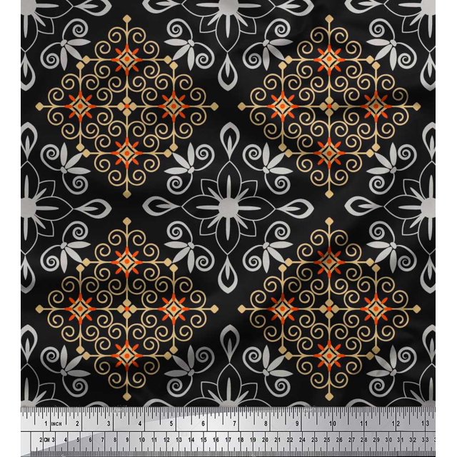 Soimoi Poly Georgette Fabric Filigree Damask Decor Fabric Printed Yard 52 Inch Wide
