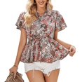 thumbnail image 3 of Femmes Manches Courtes Top V Cou Imprimé Floral Taille Élastique Ourlet Été T-Shirt Brun S, 3 of 8