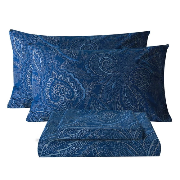 Bedlifes Queen Sheet Set Ultra Soft Breathable Silky Bed Sheets Deep Pocket 100% Microfiber Bedding Sheets 4 Piece Queen Size Paisley Dark Navy Blue