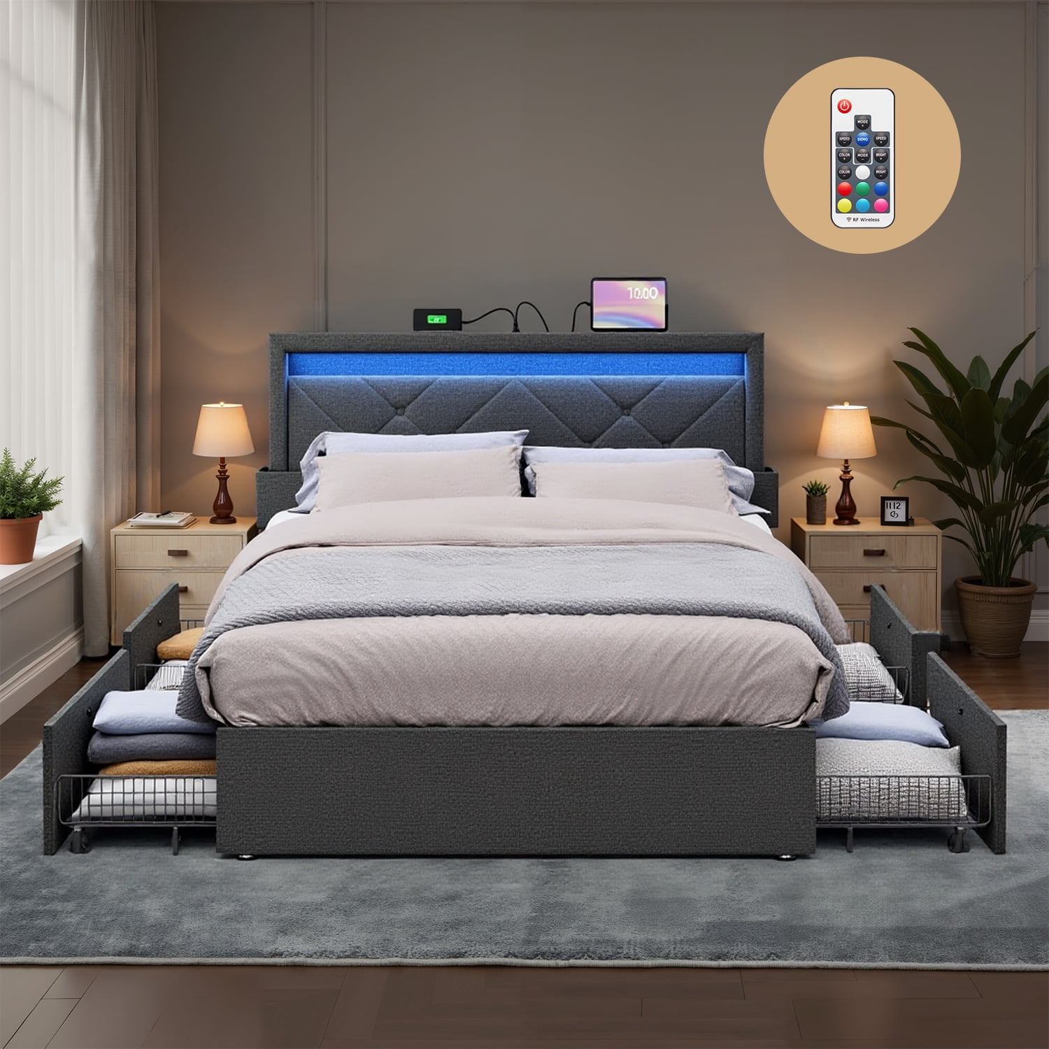 VASAGLE Cadre de Lit LED Taille Complète avec Tête de Lit et 4 Tiroirs, 1 Port USB et 1 Port Type C, Gris Foncé, Adulte