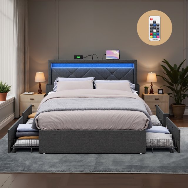 VASAGLE Cadre de Lit LED Taille Complète avec Tête de Lit et 4 Tiroirs, 1 Port USB et 1 Port Type C, Gris Foncé, Adulte