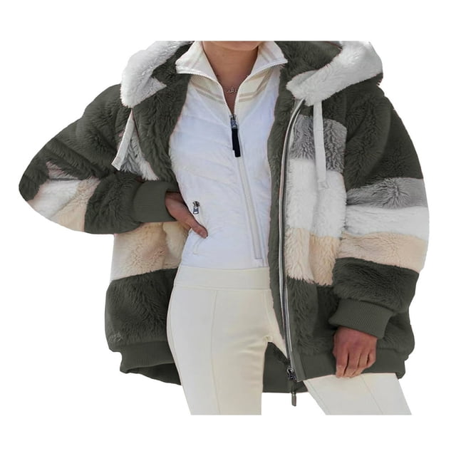 Women Fuzzy Fleece Hooded Coat Open Front Color Block Fluffy Hoodies Jacket Outwear with Pockets