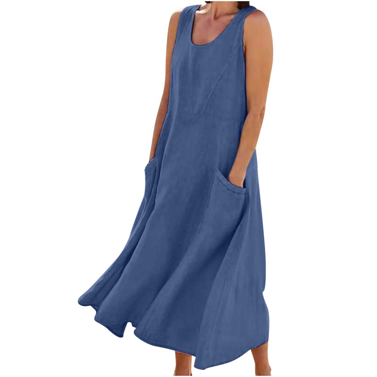 Women's Summer Cotton Linen Tank Dress Plus Size A-Line Flowy Swing Maxi Dress Sleeveless Casual Vacation Dress With Pockets S-5Xl Navy