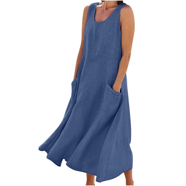 Ersazi Robe Longue d'Été Décontractée Sans Manches en Coton et Lin Unie pour Femme Robes pour Femmes 2023 8- Marine P