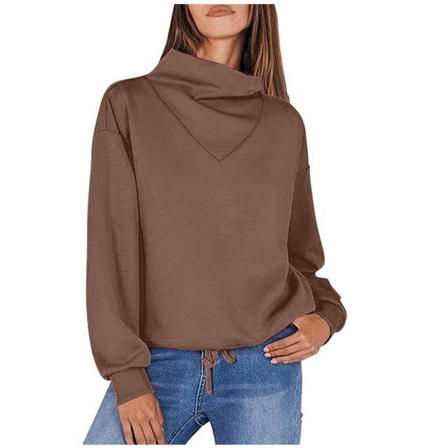 Timegard Chandail en Molleton pour Femmes Col Haut Manches Longues Chandail Automne Hiver à Cordon Ample Confortable