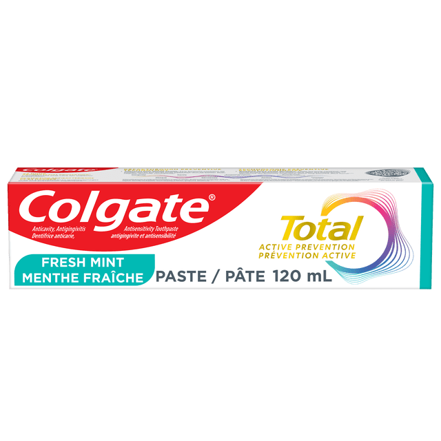 Colgate Total Active Prevention Fresh Mint Toothpaste 120 mL tube with red and white packaging, bilingual English and French text, featuring fluoride formula to prevent cavities, gingivitis, sensitivity, and reduce plaque for improved oral health.