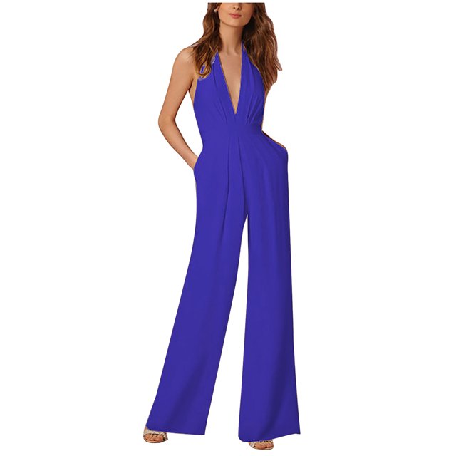 EQWLJWE Pantalon pour Femmes Combinaison Ample Aguichant Sans Manches à Col Suspendu avec Poche, Couleur Unie pour Femmes