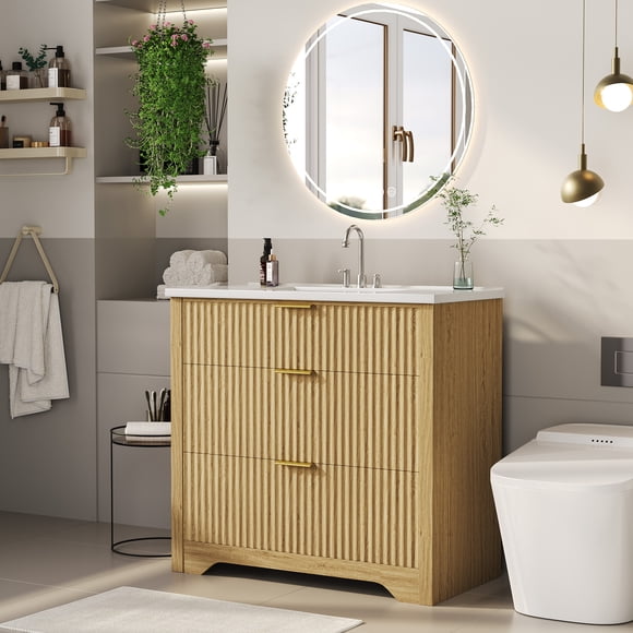 36" Fluted Bathroom Vanity with Sink,Easy Assembly & Cleaning,Farmhouse Freestanding Bathroom Sink Cabinet with 2 Drawers & 1 Flip-Down Drawer