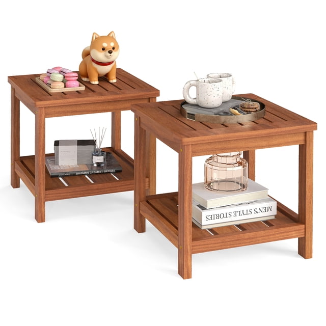 Gymax 2 Pcs Table d'Appoint Adirondack à 2 Niveaux avec Plateau à Lattes et Tablette de Rangement pour Jardin