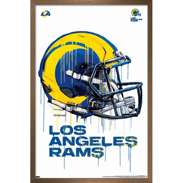 NFL Los Angeles Rams - Drip Helmet 20 Wall Poster, 14.725" x 22.375" Framed showing a front-facing illustration of a Los Angeles Rams football helmet with a blue shell and yellow ram horn design in a dripping paint style. The poster features bold blue "Los Angeles Rams" text below the helmet and team logos in the top corners, all set in a brown wooden frame on a white background, suitable for home décor and sports-themed wall art.
