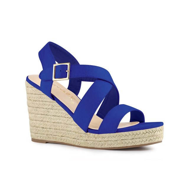 BLISSFUL STEP Sandales Compensées Espadrilles pour Femmes à Bride Cheville Croisée Bleu Foncé 8.5