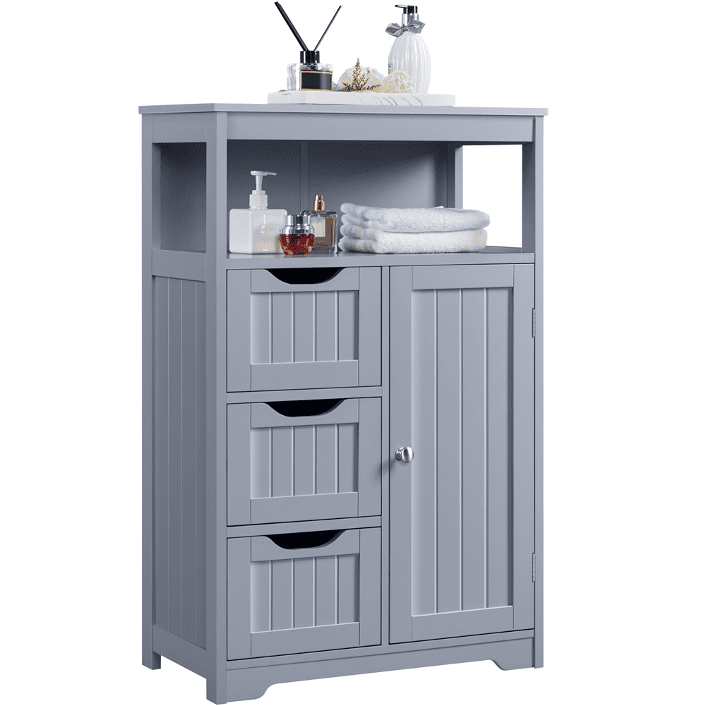 FullFurnique armoire plancher de salle de bain MDF organisateur de rangement en bois avec tiroirs, gris