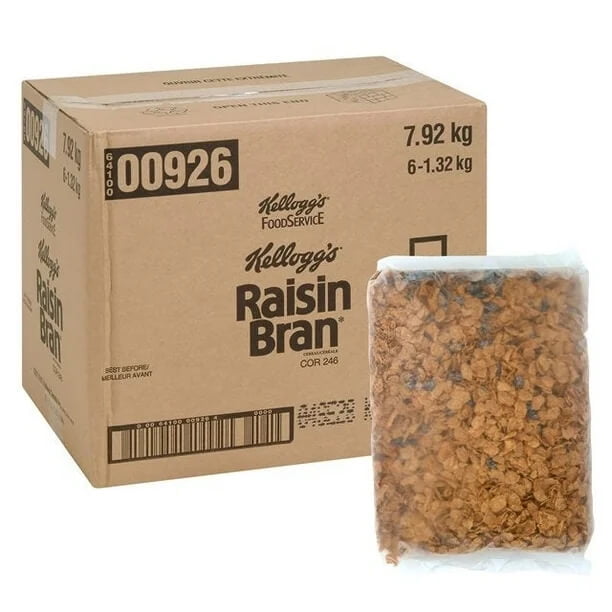 Kellogg's Raisin Bran Cereal, packaged in a 1325g pouch, displayed alongside a cardboard case containing 6 units. This family cereal features crispy bran flakes mixed with raisins, offering high fibre, low fat, and no preservatives. Ideal for breakfast, ready to eat, and a source of 9 essential nutrients.