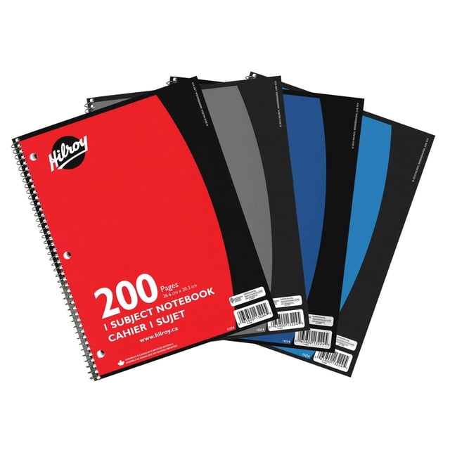 Hilroy® 1 Subject 3 Hole with Margin Notebook, 200 Pages, 10-½" x 8, showing five coil-bound notebooks with assorted red, grey, and blue covers. Each features wide-ruled, 3-hole punched pages for binder use, ideal for school and office note-taking.