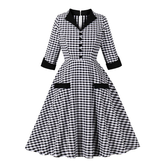SDNall Robe d'Été Décontractée pour Femme à Col en V, Robe Courte à Imprimé à Carreaux avec Fermeture Éclair devant et Manches 3/4