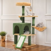 DEXTRUS 44.5” Tall Cactus Cat Tree Tower, Multi-Functional Cat Furniture with Self-Grooming Brush, Cozy Plush Platform, Hammock, Sisal Scratching Posts, 2 Toy Balls, Green