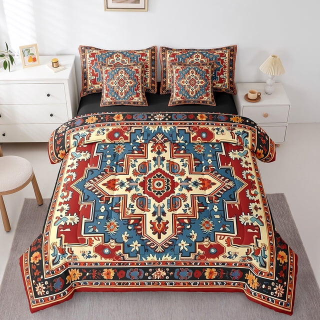 YST Vintage Persian Floral Comforter Set, 7-Piece, Boho Tribal, Red, Queen