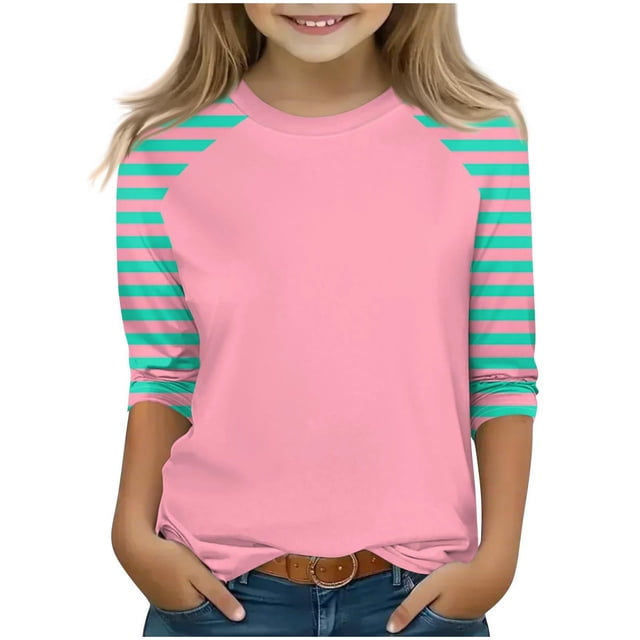 SERTG T-Shirt Mode Enfant Col Rond Manches 3/4 Imprimé Col Rond pour Été et Printemps 4-15 Ans (Rose Vif4,14 Ans)
