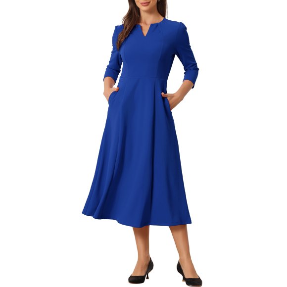 INSPIRE CHIC Women's Work Dress A Line 3/4 Sleeves Elegant Midi Dress M Royal Blue