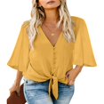 thumbnail image 1 of CHUANK Women‘s Button Down V Neck Tops Ruffled 3/4 Sleeve Tie Knot Front Blouses White Sizes S-2XL, 1 of 5