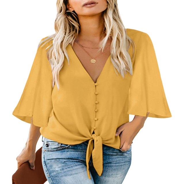 CHUANK Women‘s Button Down V Neck Tops Ruffled 3/4 Sleeve Tie Knot Front Blouses White Sizes S-2XL