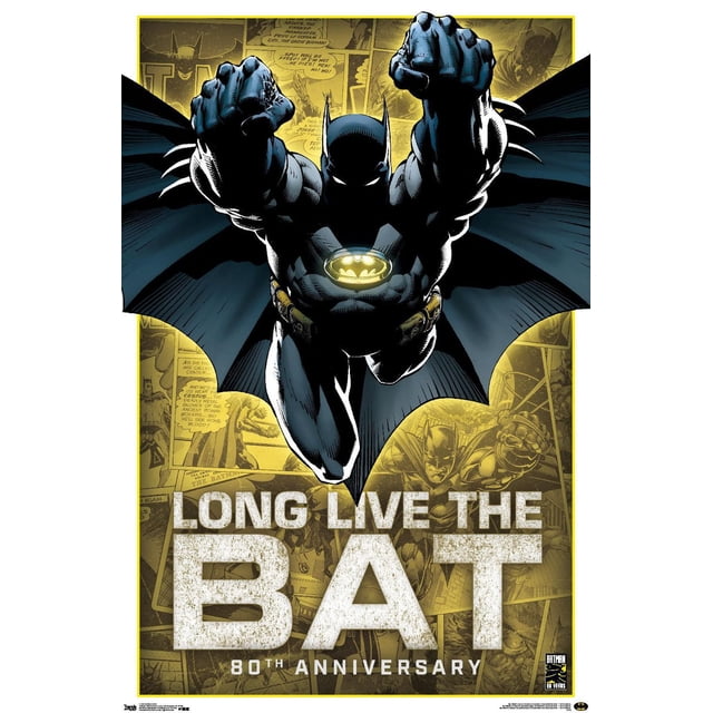 DC Comics - Batman - Affiche Murale du 80e Anniversaire, 22,375 Po x 34 Po Mettant en Vedette un Batman Orienté vers l'Avant avec les Poings Allongés, Emblème de Chauve-Souris Jaune Lumineuse sur la Poitrine, cape Noire Grand et Évasée, sur Fond Jaune avec Panneaux de Bande Dessinée Délavés et Texte Audacieux « Longue Vie à la Chauve-Souris » et « 80e Anniversaire ».
