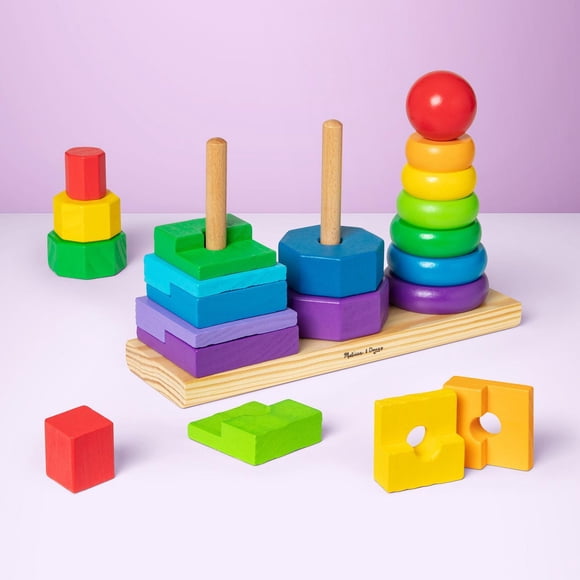 Melissa & Doug Geometric Stacker – Wooden Toddler Stacking Toy with 25 Colorful Shapes – Educational Toy for Ages 2+