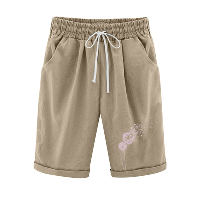 Timegard Plus Size Shorts for Women Cotton Linen Elastic Waist Drawstring Ruched Casual Loose Shorts