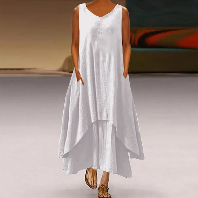 TIMIFIS Robe Blanche pour Femme en Coton et Lin Décontractée Ample Robe d'Été Longue Sans Manches Fendue Robes Maxi Été Grande Taille Robe de Plage Été