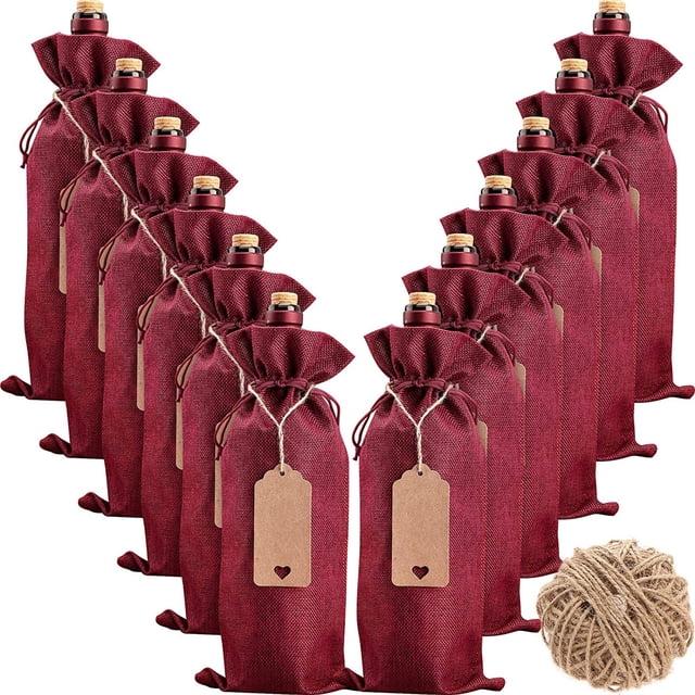 Agiferg Sac à Vin en Lin 12 Pcs, Bouchon de Bouteille de Vin, Sac-Cadeau de Bouteille de Vin avec Étiquette à Cordon